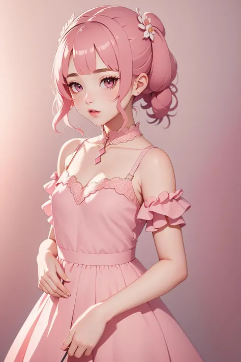 1 pretty woman, short pink hair with pigtails, small waist, skinny, cotton dress