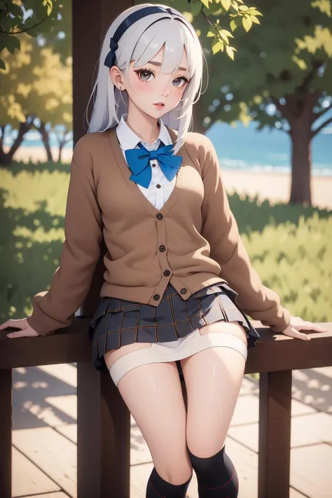 best quality,masterpiece,(breasts),1girl,blue bowtie,((brown cardigan)),plaid skirt,(((micro miniskirt))), micro miniskirt, sunlight,long hair,white hair,black kneehighs,leg warmers, loafers, outdoors ,upper body,