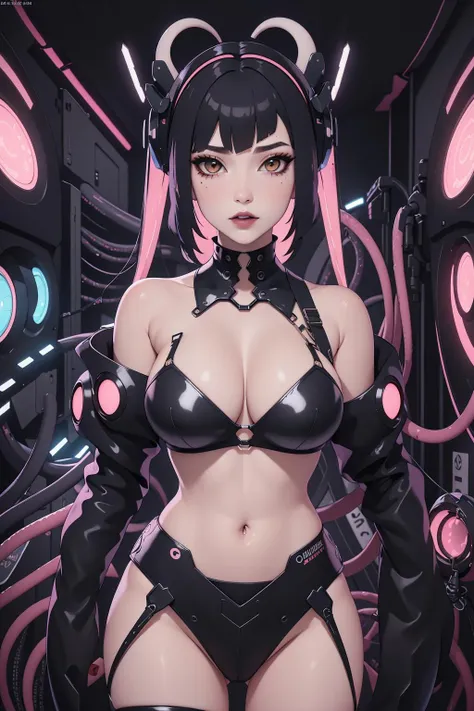 (masterpiece,top quality,best quality,official art,beautiful and aesthetic:1.2),octopus white armor cyber girl,octopus tentacles,octopus suction cups, absurdres, perfect anatomy, kawaii cute goth girl in a cartoon style, 1girl,solo, (comboy shot:1.1), looking at viewer, white background, (long hair), multicolored hair, makeup , parted lips, black lips, eyeliner, cyberpunk, goth girl, bikini, centered, symetric,multiple monitors, many cables, fiber optics, cable tentacles, (pc monitors),woman covered in cables,volumetric light,(huge mechanism octopus monster:1.2) in background,cinematic light,Biopunk AI,brilliance,mucus,wet,look at viewer,organic tubes attaching to neck,wires and cables on head,character focus,science fiction,(microskirt),(hands), cyberpunk room