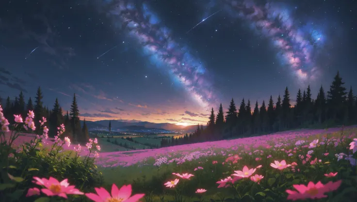 detailed background, flower field, no humans, night sky,