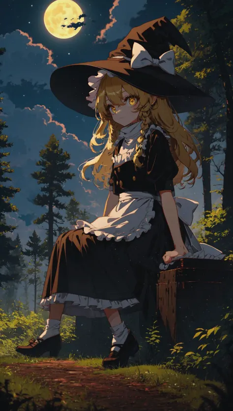 kirisame marisa, sitting on ground, blonde hair, yellow eyes, black dress, waist apron, black witch hat, frills, hat bow, darkness, dark background, cute, (night sky, cloud:1.1), crescent moon, (tree, forest, nature:1.1), full body, (wide shot:1.1) <lora:[diffLora] lowexposurenoiseoffset:1> <lora:shooting-stars_last:1>