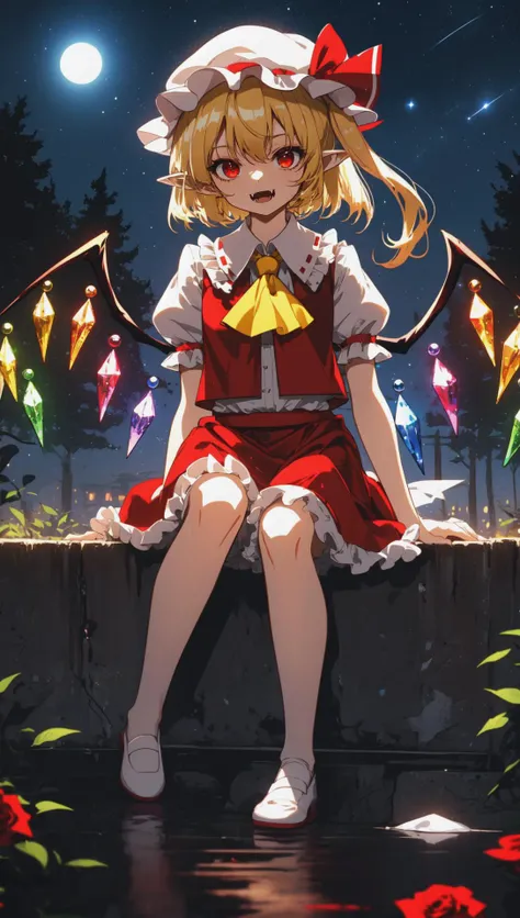 1girl, (solo:1.2), flandre scarlet, touhou, sitting, looking down, pointy ears, ascot, blonde hair, fangs, collared shirt, crystal, frilled shirt collar, frilled sleeves, frills, (black:1.2) rose, hat ribbon, holding flower, mob cap, puffy short sleeves, puffy sleeves, red ribbon, red skirt, red vest, ribbon, short sleeves, skirt, skirt set, vest, white headwear, white shirt, wings, yellow ascot, (darkness:1.2), night, night sky, masterpiece, best quality, wide shot