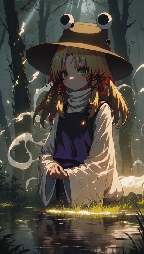 mksks-style detailed-background masterpiece best-quality BREAK ((moriya-suwako)) blonde-hair brown-eyes hat purple-tabard white-turtleneck long-sleeves wide-sleeves sunlight light-rays eerie-swamp twisted-trees stagnant-water misty-and-hazy-atmosphere ghostly-mood <lora:[diffLora] lowexposurenoiseoffset:1>