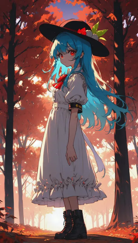 hinanawi tenshi, facing viewer, blue hair, bowtie, ribbon, red bow, white shirt, puffy short sleeves, bangs, very long hair, black headwear, red eyes, puffy sleeves, dress, boots, hat, frills, cute, adult, outdoors, nature, autumn, tree, sunset, darkness, masterpiece, best quality, [monochrome::0.6] sketch, graphite \(medium\)