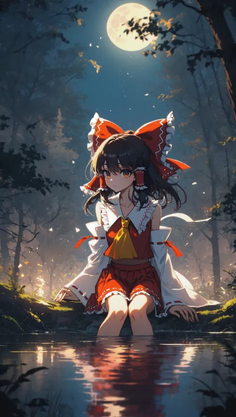 mksks, detailed background, masterpiece, best quality, hakurei reimu, hair bow, detached sleeves, wide sleeves, sitting on a rock by the stream, river, water, reflection, water ripples, foot dangle, medium breasts, BREAK darkness, outdoors, nature, fog, depth of field, moon, tree