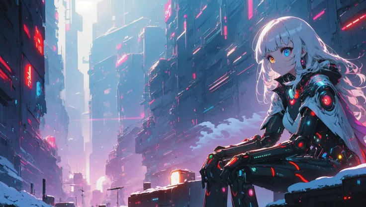 masterpiece, best quality, (masterpiece), (1girl), (solo focus), heterochromia, cloak, (long hair:1.1), blunt bangs, (futuristic cyberpunk armor:1.3), oiled skin, sitting, smoke, bloom, lens flare, (high detail), global illumination, snow