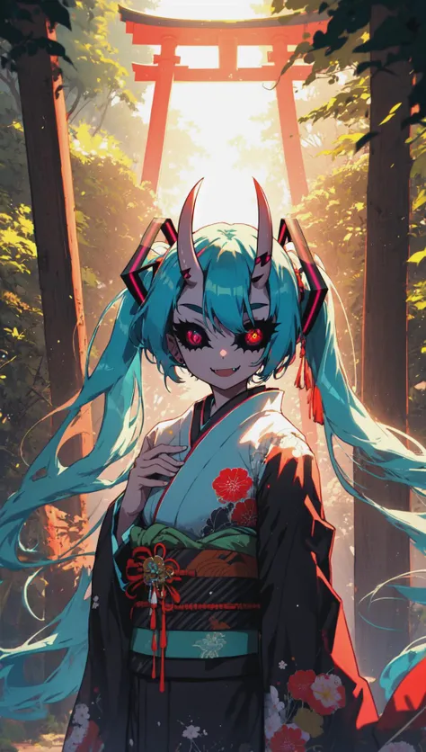 (oni horns:1.15), [hatsune miku:0.20], (black sclera:1.35), fang, blue eyes, twintails, very long hair, kimono, obi, smile, happy, medium breasts BREAK peaceful, serene, outdoors, standing under torii, nature, upper body, masterpiece best quality