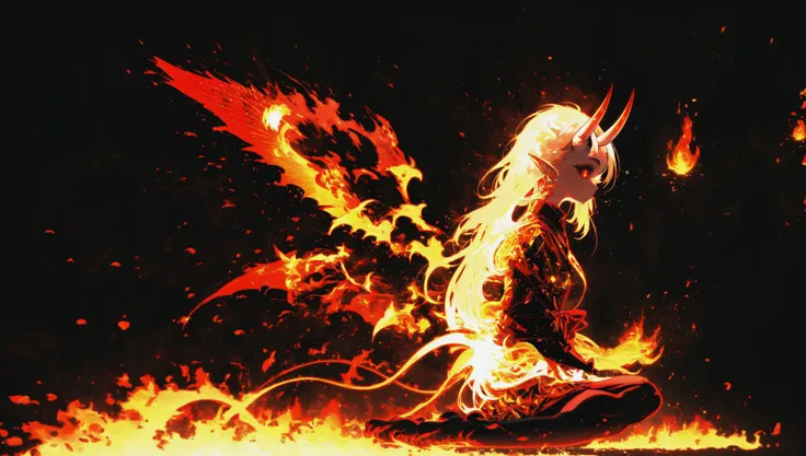 detailed background, superb, multicolored, 1girl, (oni horns:1.1), obi, fiery wings, (demon tail:1.1), absurdly long hair, darkness, vibrant colors, dark background, beautiful 8k wallpaper, sitting, BREAK firecd, fire, flame, burning <lora:firecd-000028:0.8>