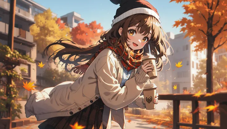 1girl, (\:d:1.0) autumn leaves, bangs, black headwear, blurry background, blush, brown eyes, brown hair, brown scarf, brown skirt, cardigan, coffee, cowboy shot, cup, disposable cup, drink, falling leaves, beanie, holding, holding drink, leaf, long hair, long sleeves, looking at viewer, open cardigan, open mouth, plaid, plaid skirt, puffy long sleeves, red sweater, scarf, shirt, shirt tucked in, sidelocks, skirt, smile, solo, sweater, white shirt, extremely detailed, intricate, masterpiece, absurdres