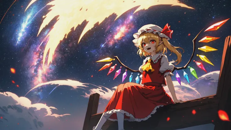 1girl, (solo:1.2), flandre scarlet, touhou, sitting, looking down, pointy ears, ascot, blonde hair, fangs, collared shirt, frilled shirt collar, frilled sleeves, frills, hat ribbon, mob cap, puffy short sleeves, puffy sleeves, red ribbon, red skirt, red vest, ribbon, short sleeves, skirt, skirt set, vest, white headwear, white shirt, wings, yellow ascot, (darkness:1.2), night, night sky, galaxy, milky way, full body, masterpiece, best quality