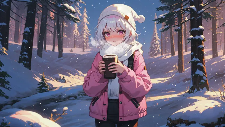 1girl, white hair, short hair with long locks, pink eyes, pink jacket, black pants, white beanie, white scarf, cold, breath, nose blush, outdoors, snow, holding steaming hot cocoa, snowing, nature, snow covered tree, masterpiece, best quality