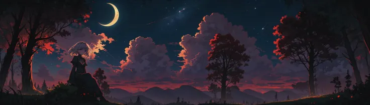 gothic, 1girl, sitting against tree, dark knight, dynamic pose, darkness, vibrant colors, dark background, beautiful 8k wallpaper, small breasts, cute, (night sky, cloud:1.1), crescent moon, (starry sky, tree, forest, nature:1.1) <lora:NAI-bluethebone:0.3> <lora:WhiteMelancholy:0.45> <lora:loraslayernoiseoffset:0.45> <lyco:lucky768-2:0.45> <lora:shooting-stars_last:1>