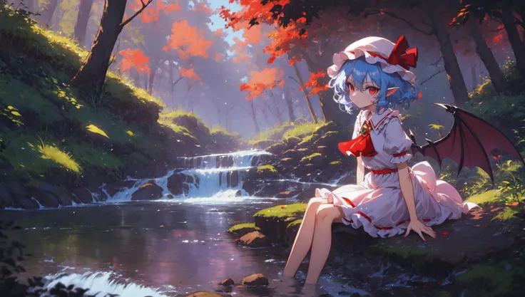 remilia scarlet, mob cap, bat wings, ascot, red eyes, superb, sitting on a rock beside a stream, nature, outdoors, masterpiece, best quality