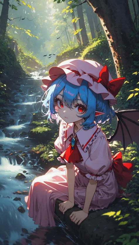 remilia scarlet, mob cap, bat wings, ascot, red eyes, superb, sitting on a rock beside a stream, nature, outdoors, masterpiece, best quality