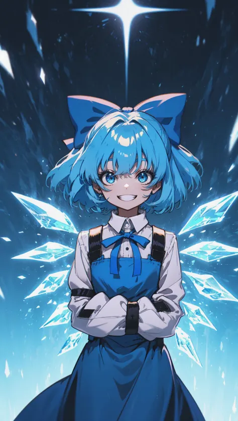 cirno, blue hair, hair bow, blue eyes, ice wings, pinafore dress, blue bow, (straitjacket:1.1), (crazy smile, grin, yandere:1.2), masterpiece, best quality  <lora:CostumeStraitjacket_v1:1>