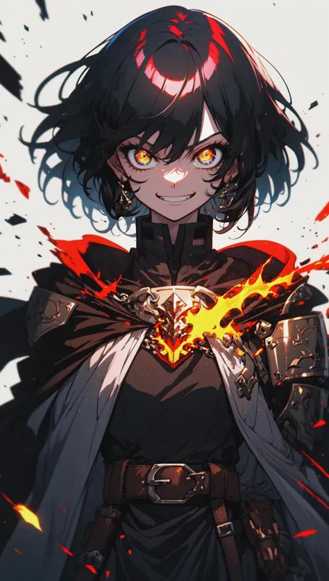 young female templar wearing chainmail and a white and black cloak with shaggy shoulder-length black hair, peering amber eyes with bags under them, deathly pale skin and a crazy smirk on her face. Manga style.