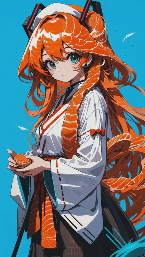 (sashimihair:1.2), hair_as_food, salmon meat hair, 1girl, hatsune miku, miko, (orange hair:1.2), long puffy hair, cute, looking at viewer, [blue background|dark background] 
<lora:sashimiHairStyle:1.2>