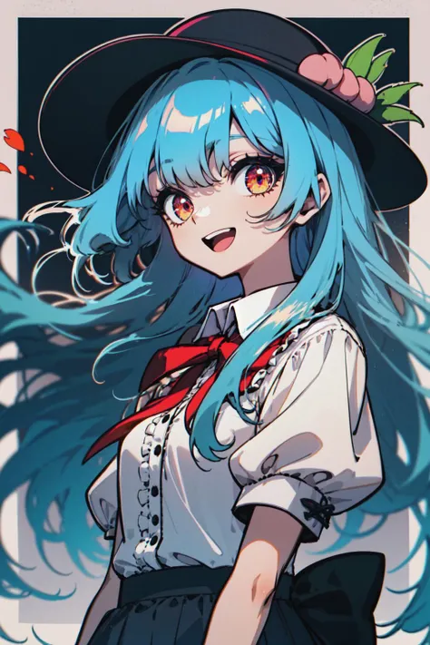 (pastel style, black outlines:1.2), (dark colors:1.2), dark background, complex background, 1girl, hinanawi tenshi, solo, long hair, black headwear, hat, red eyes, blue hair, short sleeves, fruit, open mouth, smile, shirt, food, puffy sleeves, peach, puffy short sleeves, looking at viewer, white shirt, bangs, upper body, bow, ribbon, frills, blue skirt, skirt, center frills, leaf, red bow, neck ribbon, buttons, bowtie, collared shirt, teeth, :d, red ribbon, floating hair, glowing eyes,