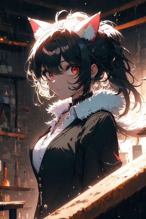 (high quality, best quality, 4k, 2k, (intricate:1.1), (high detail:1.3)), ((bar, indoors)), (official wallpaper, volumetric lighting, dynamic lighting),
1girl, solo, black hair, long hair, ponytail, ((messy hair)), red eyes, sidelocks, (large breasts), collarbone, waistcoat, (cat ears:1.2),
high collar, collared shirt, suit jacket, unbuttoned shirt, popped collar, fur trim, jewelry, eyeliner, (collar),
((black gloves)),
((upper body)), from side, looking at viewer