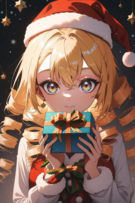 echo, unf, 1girl, solo, christmas, colorful, present, British, blonde hair, drill hair, Christmas outfit