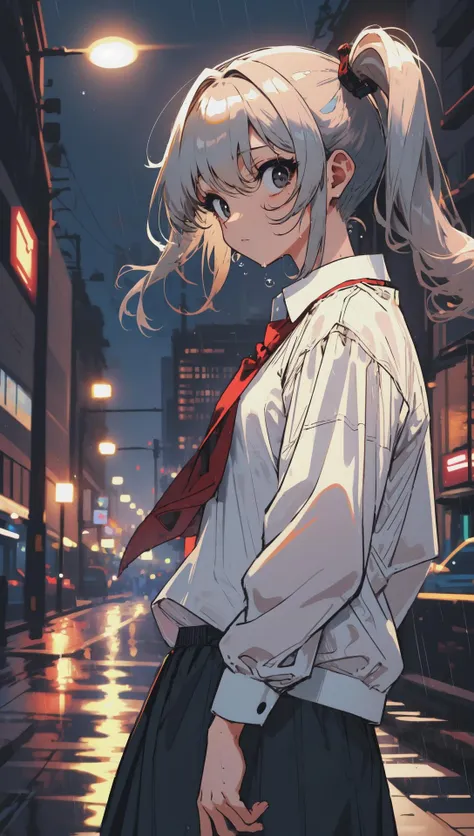 sle, masterpiece, detailed background, (mksks style:0.9), sketch, hand drawn, graphite \(medium\),
1girl, solo, cute, side ponytail, low twintails, [gold|silver] hair, skirt, white shirt, black eyes, empty eyes,
BREAK outdoors, city, rain, water drop, night, wet clothes, sweatdrop,