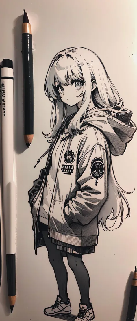 sle, masterpiece, detailed background, mksks style, monochrome, (drawing, paper, graphite \(medium\), traditional media:1.2), sketch, 
BREAK 1girl, solo, cute, full body, white shiny hair, long flowing hair, cyberpunk hoodie, white background,