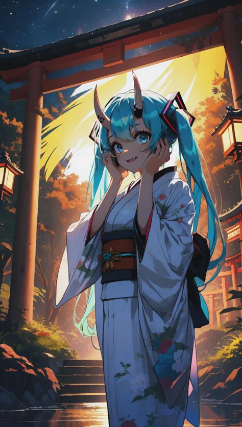 (oni horns:1.15), [hatsune miku:0.20], yandere trance, hands on own face, fang, blue eyes, twintails, very long hair, kimono, obi, smile, happy, medium breasts 
BREAK outdoors, standing under torii, darkness, night, shaded face, nature, masterpiece best quality