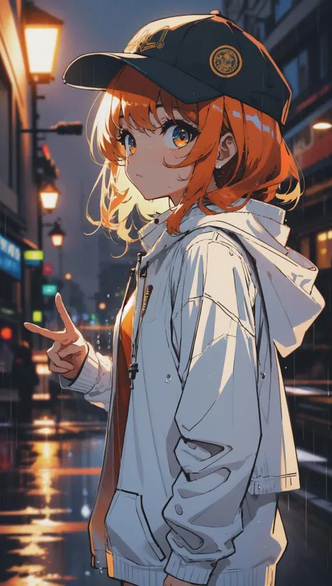 sle, masterpiece, detailed background, (mksks style:0.9), sketch, hand drawn, graphite \(medium\),
1girl, solo, cute, orange hair, white hoodie, black headwear,
BREAK outdoors, city, rain, water drop, night, wet clothes, sweatdrop,
<lora:sashimiHairStyle:0>