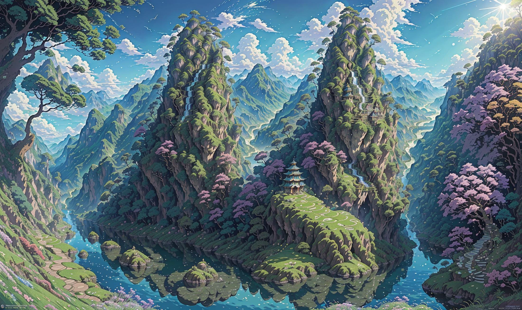 masterpiece, best quality, beautiful detailed, finely detailed, dramatic light, intricate details, colorful, (((cinematic landscape))) , (((anime, illustration, cartoon))), (((studio ghibli style))),
grass, rocks, trees, mountains, waterfall, river, day, blue sky, birds on sky, sunlight, clouds, paradise land, isekai, fantasy, ((floating islands)), <lora:Fantastic_Landscape-LoRA:0.3> Fantascape
