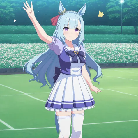 meijiro ardan, tracen school summer uniform, masterpiece, best quality, (1girl), high resolution, 4k, 8k, wallpaper, upper body, solo, looking at viewer, (waving, park), smile, shy, blush, (large breasts:1.2),purple eyes, bangs, crown braid, french braid, braid, breasts, long hair, very long hair, blue hair, horse ears, horse tail,horse girl,hair ribbon,
short sleeves, pleated skirt,bow, sailor collar, sailor shirt, school uniform, serafuku, shirt, skirt, thighhighs, bowtie, white skirt, zettai ryouiki, white legwear,
<lora:ardan_XL_Lycoris_reg_r4:0.55>