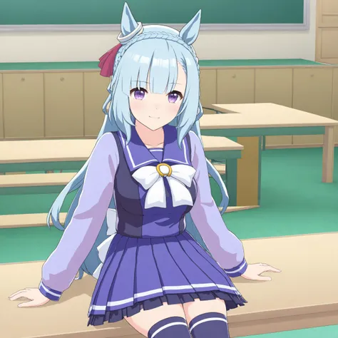 meijiro ardan, tracen school uniform, masterpiece, best quality, (1girl), high resolution, 4k, 8k, wallpaper, upper body, solo, looking at viewer, (sitting, classroom), smile, shy, blush, day, (large breasts:1.2),purple eyes, bangs, crown braid, french braid, braid, breasts, long hair, very long hair, blue hair, horse ears, horse tail,horse girl,hair ribbon,
bow, hair ornament, horseshoe ornament, long sleeves, pleated skirt, purple shirt, sailor collar, sailor shirt, school uniform, serafuku, shirt, skirt, thighhighs, bowtie, purple skirt, zettai ryouiki,
<lora:ardan_XL_Lycoris_reg_r4:0.5>