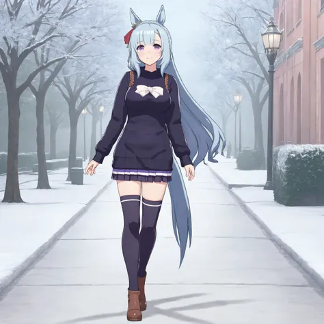 meijiro ardan, masterpiece, best quality, (1girl), high resolution,  4k, 8k, wallpaper, full body, solo, looking at viewer, (walking, winter,street ), smile, shy, blush, day, (large breasts:1.2),purple eyes, bangs, crown braid, french braid, braid, breasts, long hair, very long hair, blue hair, horse ears, horse tail,horse girl,hair ribbon,
gray sweater,brown high heel boots,brown thigh boots,black thighhighs,thighhighs under boots,
<lora:ardan_XL_Lycoris_reg_r4:0.5>