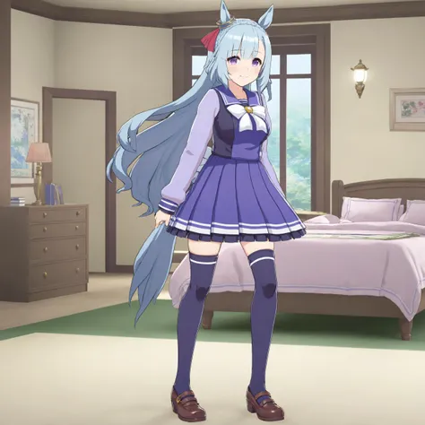 meijiro ardan, tracen school uniform, masterpiece, best quality, (1girl), high resolution,  4k, 8k, wallpaper, full body, solo, looking at viewer, (walking, bedroom ), smile, shy, blush, day, (large breasts:1.2),purple eyes, bangs, crown braid, french braid, braid, breasts, long hair, very long hair, blue hair, horse ears, horse tail,horse girl,hair ribbon,
bow, hair ornament, horseshoe ornament, long sleeves, pleated skirt, purple shirt, sailor collar, sailor shirt, school uniform, serafuku, shirt, skirt, thighhighs, bowtie, brown footwear, loafers, shoes, purple skirt, zettai ryouiki, 
<lora:ardan_XL_Lycoris_reg_r4:0.5>
