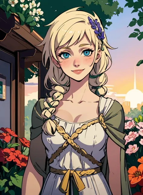 4k, fine detail, masterpiece, high quality eyes, high detail painting, soft shadows, best character art , half nude, open clothes,small breasts, persephone, hair flower, blonde hair, braid, greek clothes, upper body, garden, spring, looking at viewer, blush,smile, sunrise <lora:persephone-nvwls-v1:0.8>