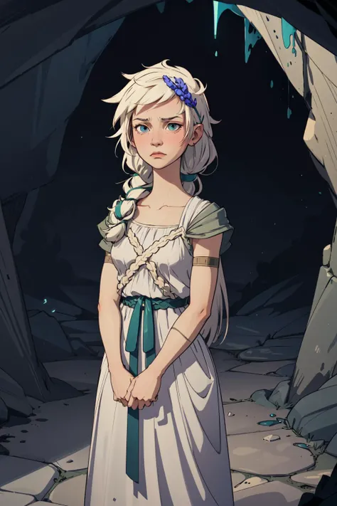 (masterpiece),(best quality),1girl,persephone,greek clothes,hair flower,mature woman,standing,v arms,expressionless,blank stare,((in dark crystal cave)), <lora:persephone-nvwls-v1:0.9>