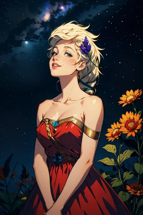 masterpiece, best quality, persephone, hair flower, red dress, strapless, abstract background, night sky, looking up, smile <lora:persephone-nvwls-v1-000009:0.9>
