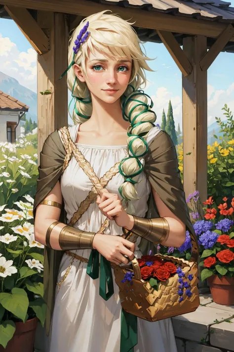 masterpiece, best quality, persephone, hair flower, greek clothes, mature woman, upper body, garden, cowboy shot, house, looking at viewer, tears in eyes, smile, holding basket, bracer, flowers <lora:persephone-nvwls-v1-000009:0.9>