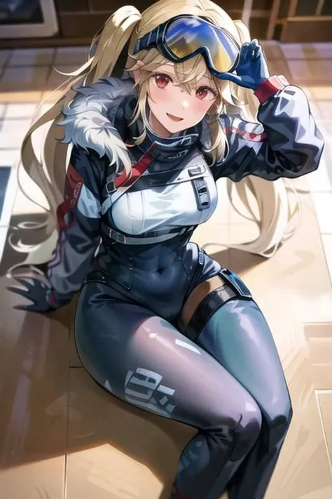 (masterpiece:1.3), best quality, high quality, absurdres, 1girl, solo, twintails, goggles, blue bodysuit, cropped jacket, fur trim, crotch cutout, clothes writing, two-tone gloves, sneakers, large breasts, sitting, blush, smile, tile floor,  <lora:blcrazln_prerelease:1>