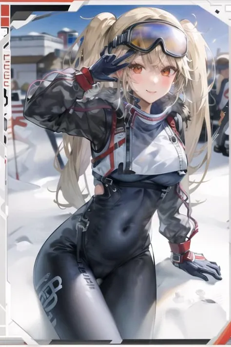 (masterpiece:1.3), best quality, high quality, absurdres, 1girl, solo, (cowboy shot), twintails, goggles, blue bodysuit, cropped jacket, crotch cutout, clothes writing, two-tone gloves, sneakers, large breasts, sitting, blush, smile, simple background, grey background, <lora:blcrazln_prerelease:1>