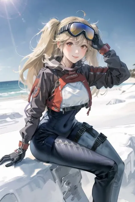 (masterpiece:1.3), best quality, high quality, absurdres, realistic, 1girl, solo, (cowboy shot), twintails, goggles, blue bodysuit, cropped jacket, crotch cutout, clothes writing, two-tone gloves, sneakers, large breasts, sitting, blush, smile, simple background, <lora:blcrazln_prerelease:1>