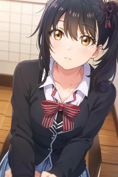 hasukikomai, <lora:hasuki komai s1-lora-nochekaiser:1>,
hasuki komai, (black hair:1.5), ribbon, (brown eyes:1.5), hair ribbon, side ponytail,
BREAK bow, school uniform, jacket, striped, bowtie, black jacket, blazer, striped bow, striped bowtie,
BREAK indoors, classroom,
BREAK looking at viewer, (cowboy shot:1.5),
BREAK <lyco:GoodHands-beta2:1>, (masterpiece:1.2), best quality, high resolution, unity 8k wallpaper, (illustration:0.8), (beautiful detailed eyes:1.6), extremely detailed face, perfect lighting, extremely detailed CG, (perfect hands, perfect anatomy),