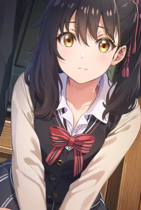 hasukikomai, <lora:hasuki komai s1-lora-nochekaiser:1>,
hasuki komai, (black hair:1.5), ribbon, (brown eyes:1.5), hair ribbon, side ponytail,
BREAK bow, school uniform, jacket, striped, bowtie, black jacket, blazer, striped bow, striped bowtie,
BREAK indoors, classroom,
BREAK looking at viewer, (cowboy shot:1.5),
BREAK <lyco:GoodHands-beta2:1>, (masterpiece:1.2), best quality, high resolution, unity 8k wallpaper, (illustration:0.8), (beautiful detailed eyes:1.6), extremely detailed face, perfect lighting, extremely detailed CG, (perfect hands, perfect anatomy),