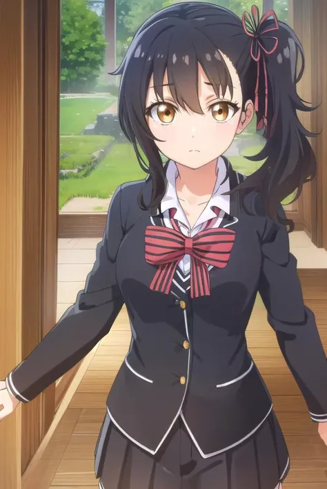 hasukikomai, <lora:hasuki komai s1-lora-nochekaiser:1>,
hasuki komai, (black hair:1.5), ribbon, (brown eyes:1.5), hair ribbon, side ponytail,
BREAK bow, school uniform, jacket, striped, bowtie, black jacket, blazer, striped bow, striped bowtie,
BREAK indoors, classroom,
BREAK looking at viewer, (cowboy shot:1.5),
BREAK <lyco:GoodHands-beta2:1>, (masterpiece:1.2), best quality, high resolution, unity 8k wallpaper, (illustration:0.8), (beautiful detailed eyes:1.6), extremely detailed face, perfect lighting, extremely detailed CG, (perfect hands, perfect anatomy),