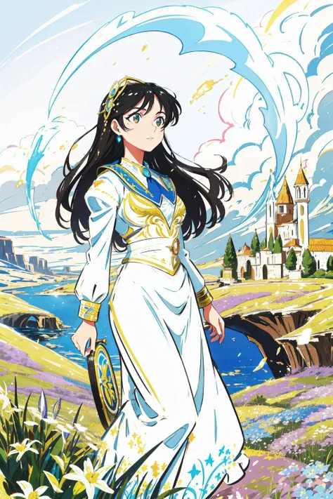 1girl, [ (art by Norman Rockwell:1.0) and (Pierre Pellegrini:1.0) ::17], scene art, professional Water color painting, concept art, full shot of a Gorgeous Horrid midweight European (Female Vizier:1.3) , her hair is Cottagecore and styled as Beehive, Prehistoric background, desolate flower field and dungeon, Spring, Wide view, ultrafine detailed, Hopeless, Gouache Art, broad lighting, 50mm, Ambrotype, Ribbons, Wind and Fire, realistic gorgeous face, natural skin texture, ultra high res, octane engine