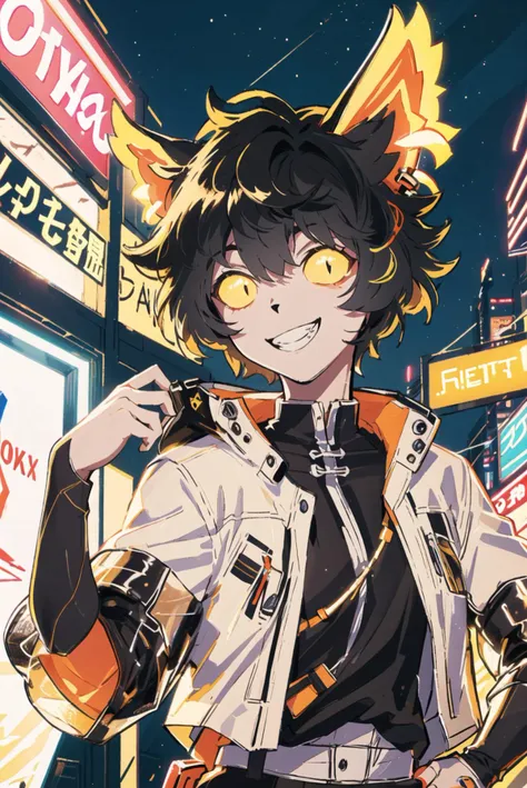 beautiful, masterpiece, best quality, extremely detailed face,  perfect lighting,
<lora:ArknightsAak_10:0.8>, aak, 1boy, solo, cat ears,  cowboy shot, standing, (upper body:1.4), looking at viewer, hand on hip, grin, mid shot, detailed background, city, night, neon lights