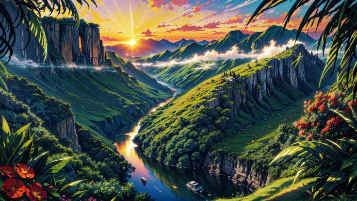 <lora:add_detail:0.5> <lora:hairdetailer:0.2> <lora:boldline:0.2>
((masterpiece)), (best quality), (ultra detailed), (digital), ocean, fog, jungle, river, lush vegetation, flowers, cliffs, mountains in the background, sunset, intricate, elaborate detail, ((vivid)) colors, high saturation