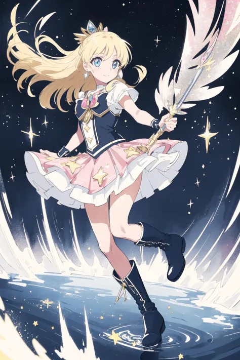 ((magical girl)), ((gorgeous starry sky background)), ((ultra-detailed)), ((best illustration)), ((cinematic lighting)), dynamic angle, floating, finely detailed, (glitter:1.2), (sparkle:1.2), (shine:1.2), classic, (painting:1.1), (sketch:1.1), (best quality), (masterpiece:1.2), (anime style), (solo), beautiful detailed face, (cute face:1.3), (big eyes:1.3), colorful hair, (long hair:1.2), (floating hair:1.2), (magical girl outfit), detailed outfit, (sparkling wand:1.3), (magical effects:1.3), (flowing skirt:1.2), (cute boots:1.1), (transparent fabric:1.1), (twinkle:1.2), (glow:1.2), (radiance:1.2), (flicker:1.2), (dazzle:1.2)