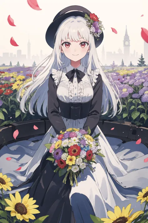 masterpiece, best quality, 1girl, solo, long_hair, looking_at_viewer, white hair, red eyes, smile, bangs, skirt, shirt, long_sleeves, hat, dress, bow, holding, closed_mouth, flower, frills, hair_flower, petals, bouquet, holding_flower, center_frills, bonnet, holding_bouquet, flower field, flower field, colorful,