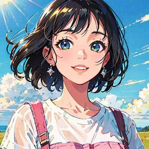 cinematic close shot, cinematography, intricately detailed, meticulous, magnificent, maximum details, cozy vibes:2, extremely hyper realistic,pastel colours:2, (((1girl, solo))), 18age, Slip dress, messy hair:2, black hair, (((center))),((summer)), Close-up of portraits,looking at viewer, happyness, detailed eyes,sunny,light smile, blue sky,breeze,simple background, Colored clouds,short hair, t-shirt,