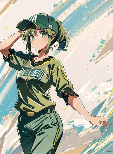 1girl,green hair,medium hair,ponytail,baseball cap,green sweatshirt,dress pants,lace trim,medium breasts,turquoise eyes